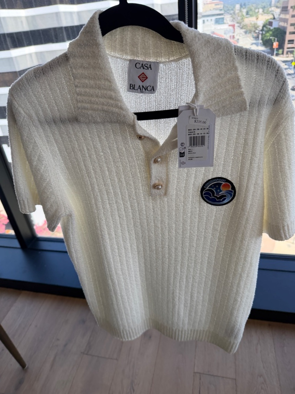 Casa Blanca Kids Cream Knit Polo with Embroidered Wave Badge